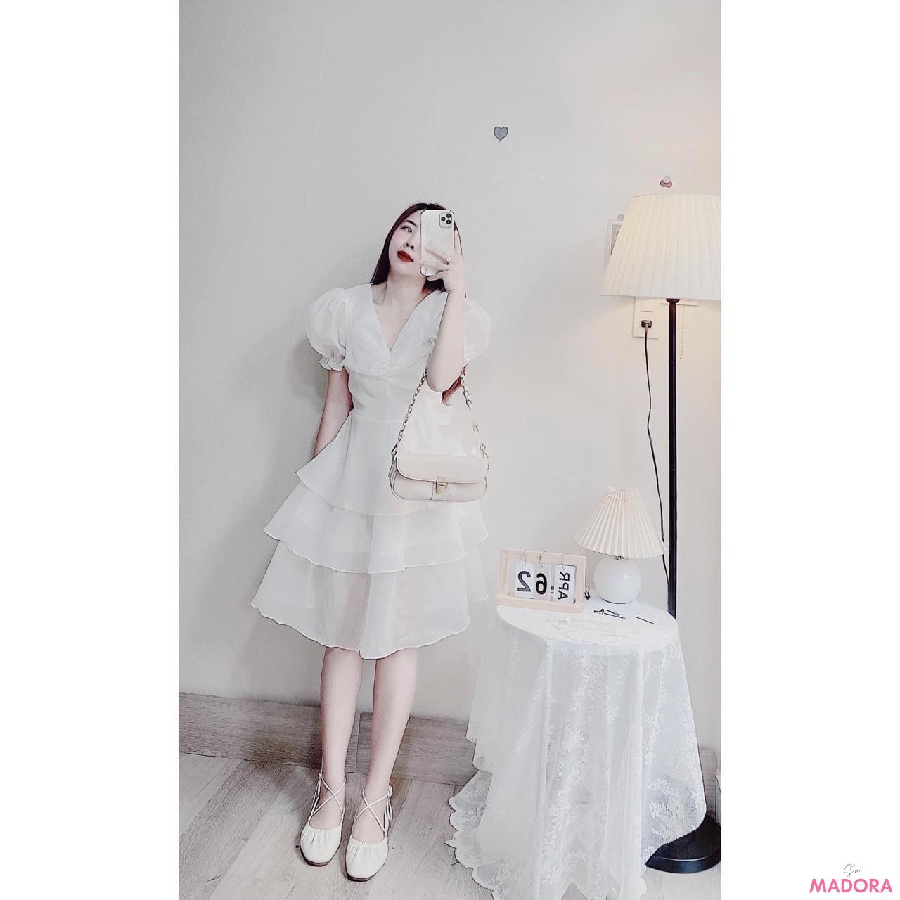 Đầm voan trắng công chúa xòe xếp tầng siêu xinh (hình thật/sẵn) - Đầm trắng  dự tiệc | Shopee Việt Nam